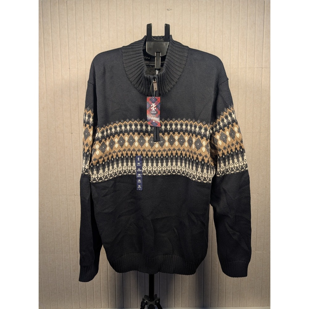 IZOD Sweater Mens 3XB Black Fair Isle Quarter Zip Pullover Knit New